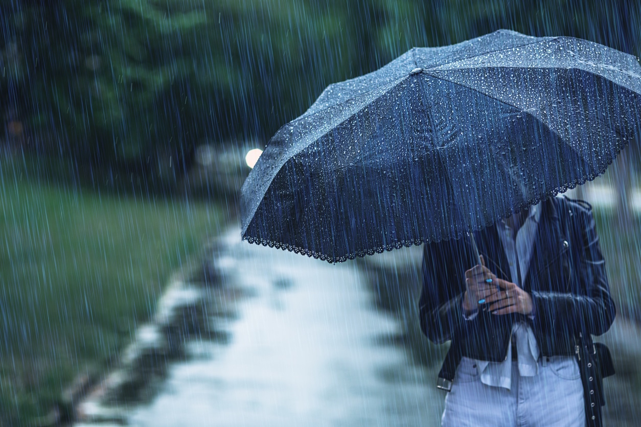 A person holding an umbrella on a rainy day.